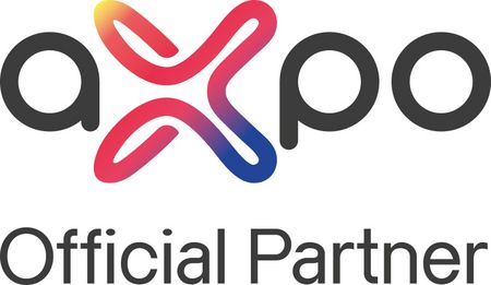 Das Logo zeigt das Wort Axpo in Kleinbuchstaben mit einem mehrfarbigen x-Design in der Mitte und dem Text „Official Partner“ darunter.
