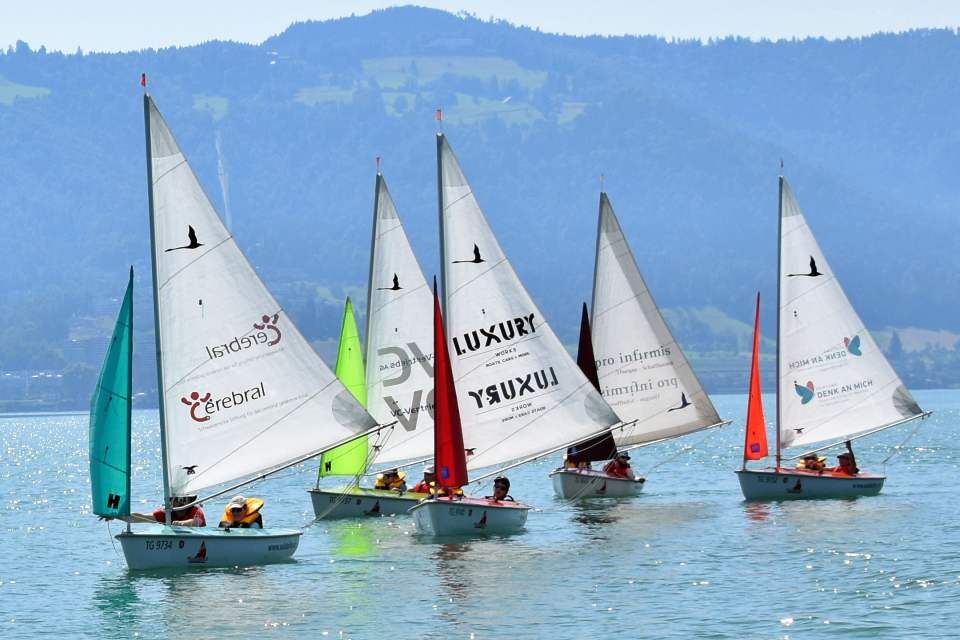 Fünf kleine Segelboote mit bunten Segeln und Gruppen von Menschen an Bord fahren auf einem ruhigen See mit grünen, bewaldeten Hügeln und blauen Bergen im Hintergrund unter einem klaren Himmel.