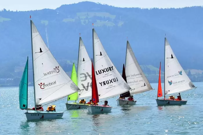 Fünf kleine Segelboote mit bunten Segeln und Gruppen von Menschen an Bord fahren auf einem ruhigen See mit grünen, bewaldeten Hügeln und blauen Bergen im Hintergrund unter einem klaren Himmel.