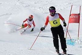 Zwei Skifahrer in rot-weißer Kleidung rasen auf einer verschneiten Piste bergab, vorbei an einer roten Flaggenmarkierung. Der vordere Skifahrer trägt eine gelbe Weste mit der Aufschrift G, und beide werfen bei ihren Kurven Schnee auf.