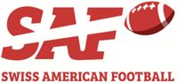 Logo für Swiss American Football mit großen roten Buchstaben SAF, wobei die Spitze des F in einen fliegenden Fußball verwandelt ist. Darunter steht in roten Großbuchstaben SWISS AMERICAN FOOTBALL.
