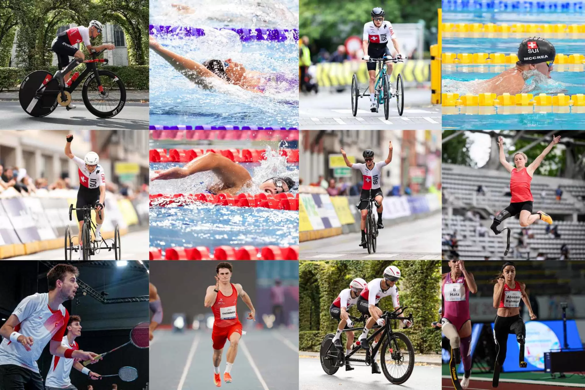 Eine Collage von paralympischen Athleten, die in verschiedenen Sportarten wie Radfahren, Schwimmen, Laufen, Badminton und Rollstuhlrennen antreten und ihre Entschlossenheit und Sportlichkeit in verschiedenen Wettbewerben unter Beweis stellen.