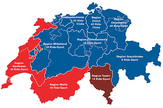 Schweizerkarte mit Übersicht über die Clubs mit Kids-Angeboten.