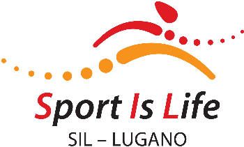 Logo mit stilisierter roter und oranger abstrakter Figur in Bewegung über dem Schriftzug Sport Is Life in Rot und Schwarz, darunter SIL - LUGANO, alles auf hellem Hintergrund.