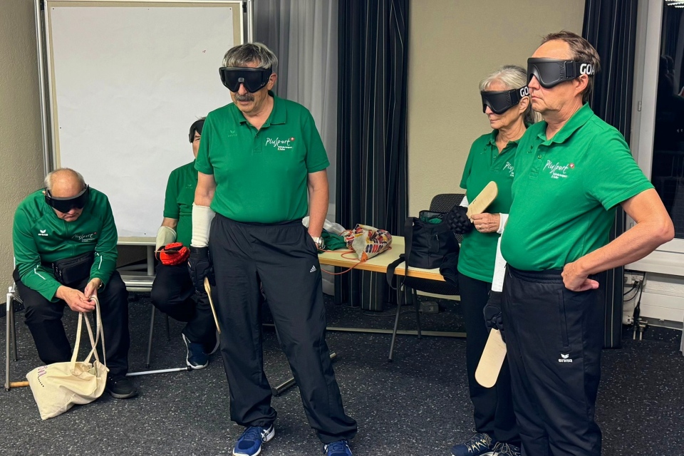 Vier Erwachsene in grünen Hemden und schwarzen Hosen stehen in einem Raum, tragen schwarze Augenbinden und halten Paddel. Drei von ihnen stehen zusammen, während einer sitzt und eine Leinentasche in der Hand hält. Im Hintergrund stehen ein Tisch und ein Whiteboard.