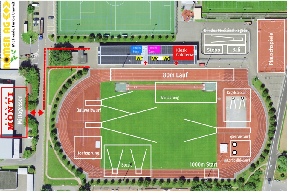 Luftaufnahme eines Sportkomplexes mit beschrifteten Bereichen für Leichtathletikveranstaltungen, Cafeteria, Toiletten, Boccia und Volleyball. Wege und Veranstaltungsbereiche sind mit Pfeilen und farbigen Markierungen gekennzeichnet.