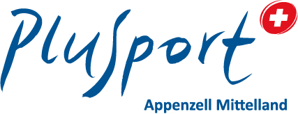 Logo mit dem Wort Plusport in blauer Schrift, einem roten Oval mit einem weissen Kreuz über dem Buchstaben t und darunter Appenzell Mittelland in kleinerer blauer Schrift.