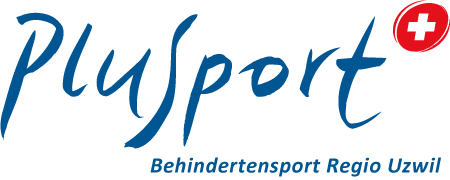 Logo mit dem Wort Plusport in blauer Schrift, einem roten Kreis mit weissem Kreuz und darunter dem Text Behindertensport Regio Uzwil.