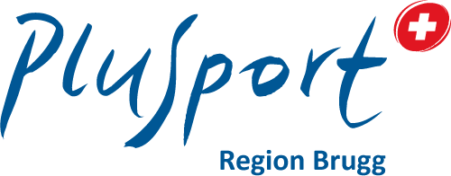 Logo für die PluSport Region Brugg mit stilisiertem blauen Text und einem roten Kreis mit einem weißen Kreuz in der oberen rechten Ecke, das die Schweizer Flagge darstellt.