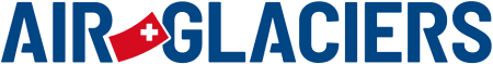 Logo mit der Aufschrift AIR GLACIERS in fetten blauen Buchstaben. Der Buchstabe A in AIR ist mit einer roten dreieckigen Form stilisiert, die ein weißes Kreuz enthält.