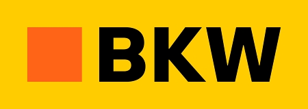 Das Bild zeigt ein Logo mit einem orangefarbenen Quadrat, gefolgt von den fetten schwarzen Buchstaben BKW auf gelbem Hintergrund.