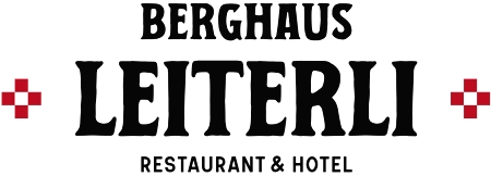 Logo für das Berghaus Leiterli Restaurant & Hotel, mit schwarzem Text und rotem Schweizerkreuz auf beiden Seiten.