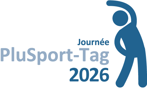 Logo für den PluSport-Tag 2026 mit einer blauen stilisierten Figur, die sich streckt, und dem Text Journée PluSport-Tag 2026 auf hellem Hintergrund.