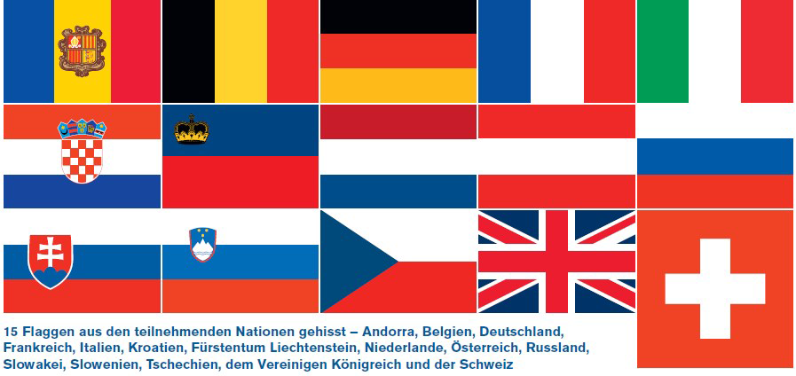 15 Nationen nahmen am World Para Alpine Skiing Europa Cup St. Moritz teil 15 Flaggen der teilnehmenden Nationen