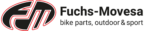 Fuchs-Movesa-Logo mit stilisierten roten und schwarzen FM-Initialen und dem Text Fuchs-Movesa bike parts, outdoor & sport rechts neben den Initialen.
