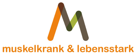 Logo mit einem stilisierten M in orangefarbenen, braunen und grünen, sich überschneidenden Linien, über dem orangefarbenen Text muskelkrank & lebensstark in Kleinbuchstaben auf weißem Hintergrund.
