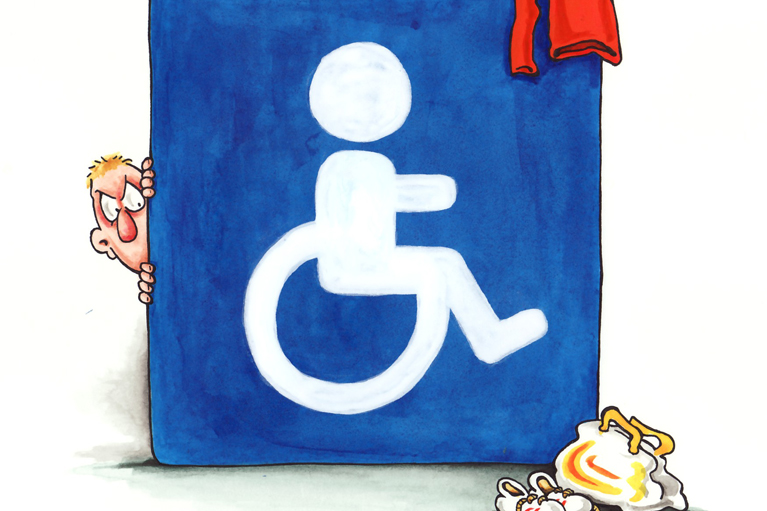 Titelbild zur Broschüre Beziehungen, Grenzen, Übergiffe, Rollstuhlzeichen mit einer Menschenkarikatur von Phil Hubbe gezeichnet